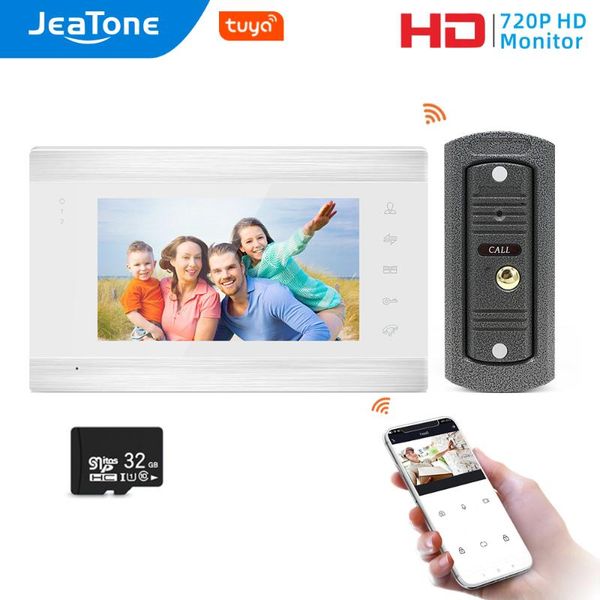 

video door phones jeatone wifi tuya 7''white phone intercom system with 720p/ahd wired doorbell camera remote unlock motion detect