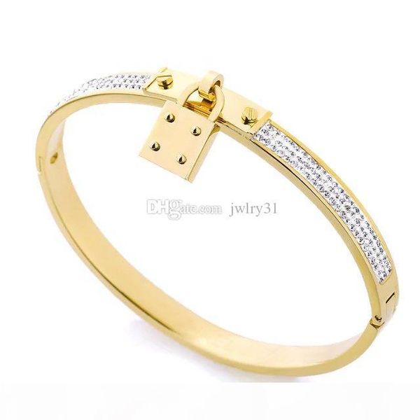 

luxury designer jewelry women bracelets stainless steel cuff bracelet pave silver rose gold tone charms lock bangle jewelry, Black