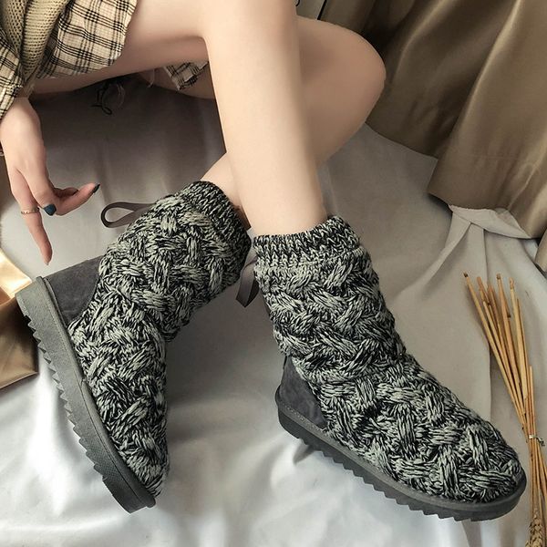 

women 2020 winter ankle boots knitting winter shoes ladies fashion snow boots women shoes woman thigh warm botas plus size, Black
