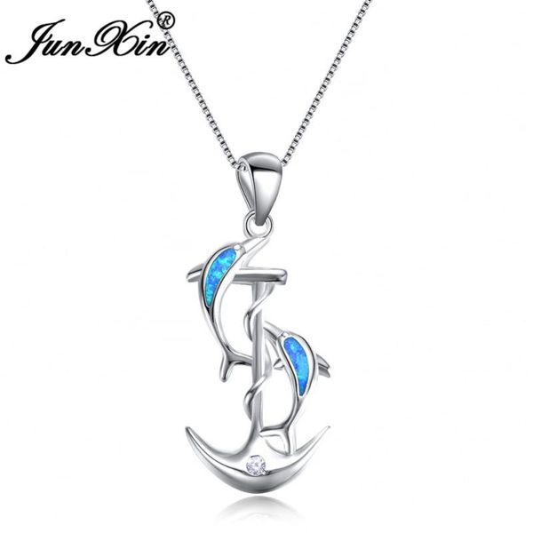 

junxin cute animal dolphin pendant necklaces for women silver color white blue fire opal clavicle necklace jewelry