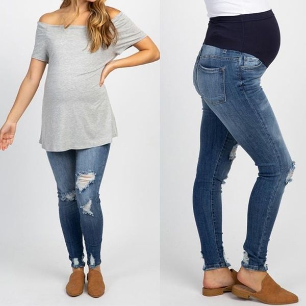 

maternity bottoms woman pregnant ripped jeans pants trousers nursing prop belly legging ropa premama high waist trousers#40, White