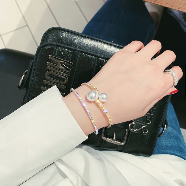 

4 style new style luxury crystal super flash bracelet adjustable pearl bangle, women fashion titanium steel jewelry 2020 new, Black