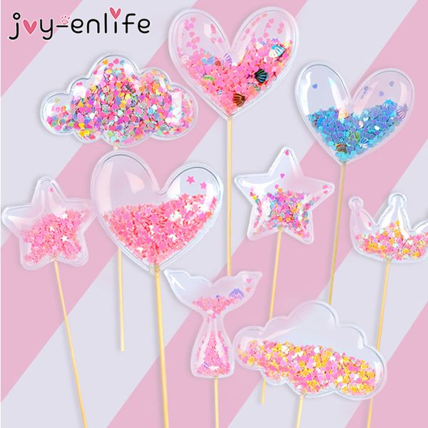 

3pcs transparent sequin cake er baby shower birthday diy cake flags decoration cupcake er mermaid party supplies