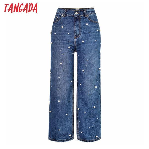 

tangada 2020 fashion women pearl mom jeans pants long trousers pockets zipper female denim pants ats3, Blue