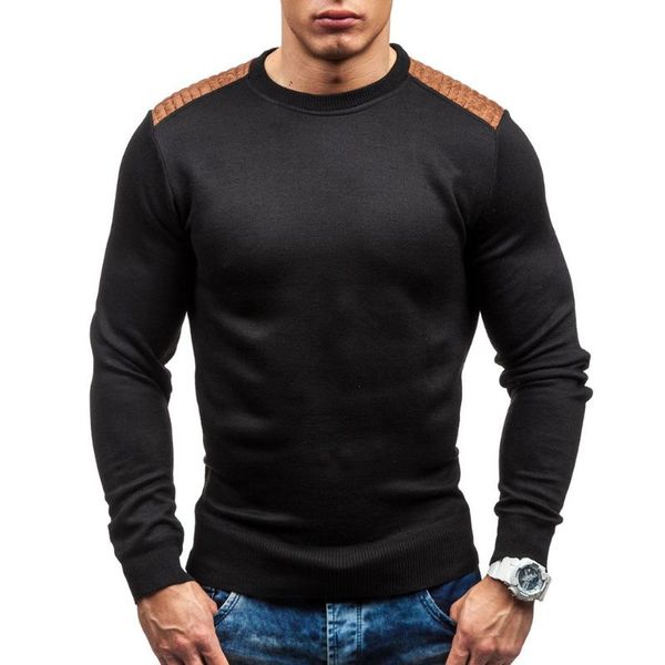 

sweater pullover men male casual slim sweaters men suede patch hedging o-neck men's sweater 3 colors, White;black