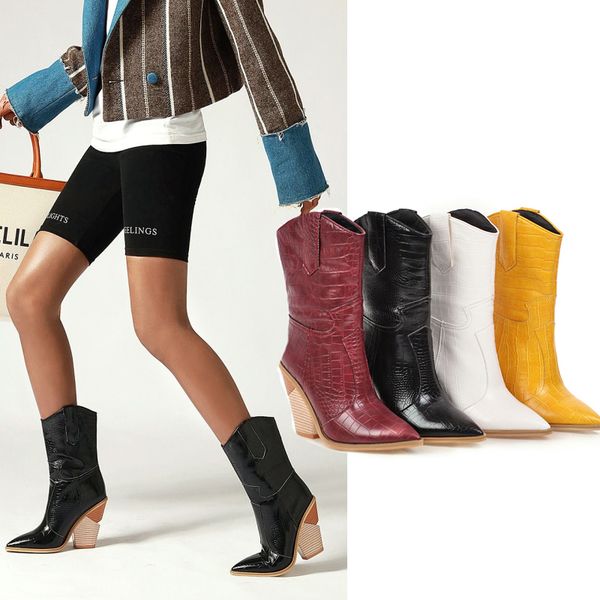 

brand design 2020 mid-calf women boots pointed toe wedges shoes autumn winter boots short ladies western for women, Black