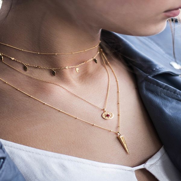 

alyxuy multilayer gold chain necklace wafer leaves red sun crystal cone long pendant necklace for women girls trendy jewelry, Silver