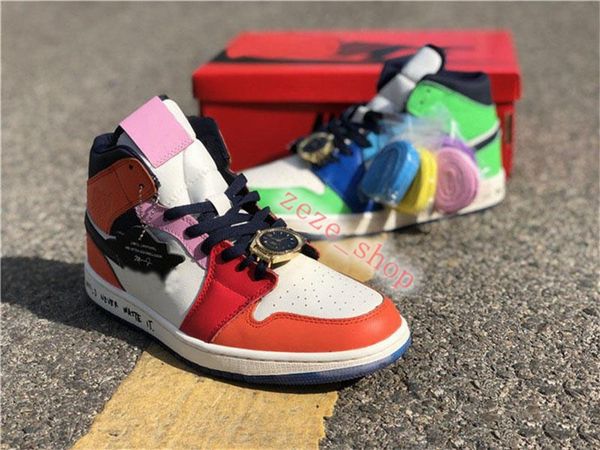 

2020 original melody ehsani x air authentic 1 mid wmns fearless retro habanero red 1s basketball shoes men women sneaker no box, Black