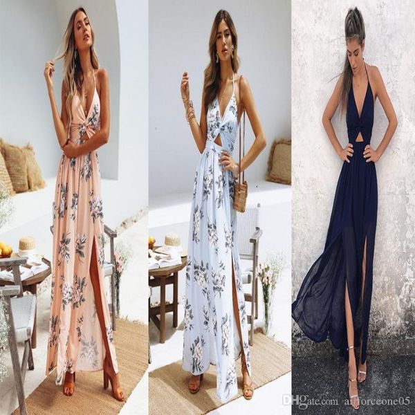 

printed v neck dress women bandage split dresses summer long bohemian backless dress ladies casual floral, Black;gray