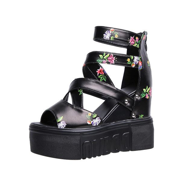 

2020 summer new roman sandals women's high heel sandals floral toe wedges platform height increasing chunky wedge heels, Black