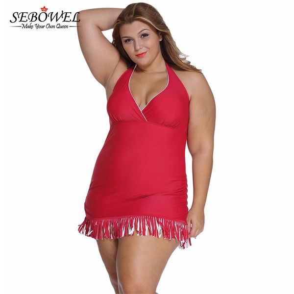 

sebowel 2020 plus size women swimsuits one piece dress swimwear red white fringe curvy push up swimdress beachwear large size, White;black