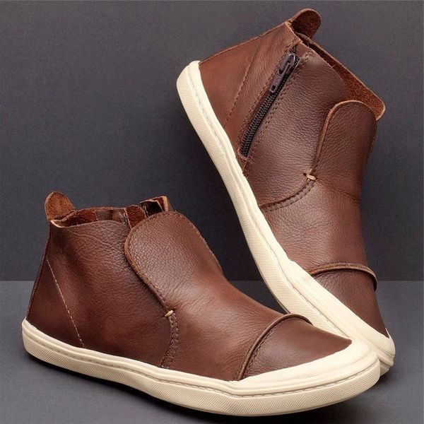 

women booties pu leather flat platform ladies ankle boots zipper female shoes vintage boots big size botas mujer, Black