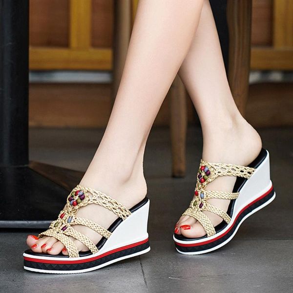 

women's ladies slippers sandals summer fashion casual platforms wedges outdoor wedges platform flat slippers high heels shoes, Black