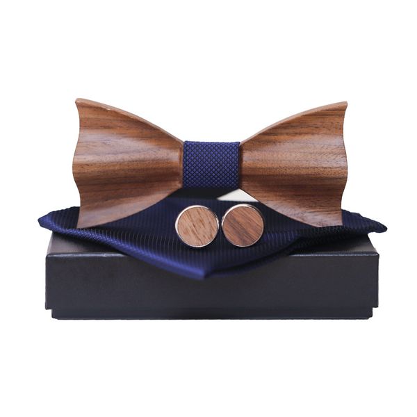 

ricnais 3d wooden wood bowtie set bule red pocket square cufflinks set for men business wedding bow tie handkerchief with box, Black;gray
