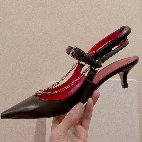 

summer women sandals leather pointed toe buckle high heels shoes women chaind decorative sandalias mujer zapatos de mujer, Black