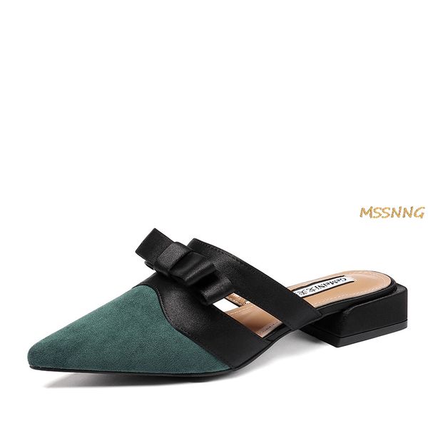 

summer new women's slippers fashion butterfly knot pointed toe ladies slides outdoor square heel mixed color women's slippers, Black