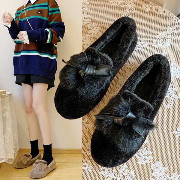

nice women soild flats thick fur warm shoes woman for winter snow flat heels female comfortable bow knot dress loafers, Black
