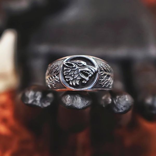 

men's viking nordic wolfs rings vintage game thrones house of stark wolf 316l stainless steel ring punk biker jewelry, Silver