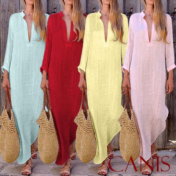 

linen fashion womens boho long maxi dress lady party evening summer beach sundress women v neck long dress, Black;gray
