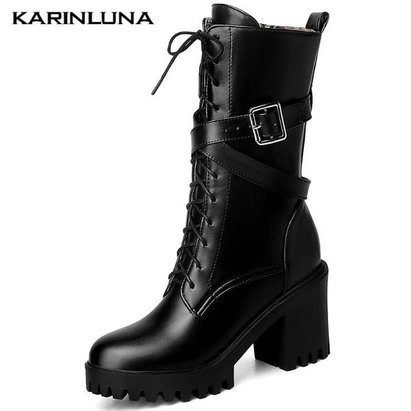 

karin high fashion platform square thick heels boots classcis bukle straps cross-tied mid-calf short plush women shoes, Black