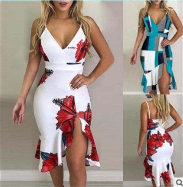 

desinger ruffle brief sleeveless casual v-neck dresses female contrast color clothes floral camisole mermaid split dresses womens, Black;gray