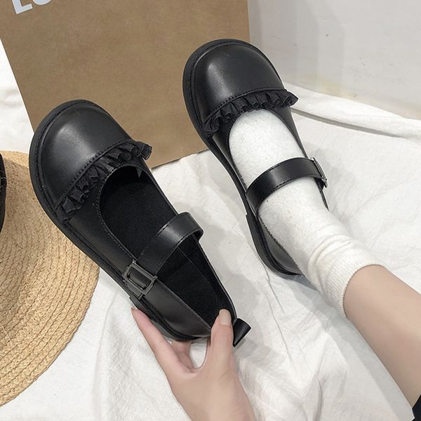 

mary jane spring shoes shallow mouth low sandals woman leather summer heels all-match round toe suit female beige 2020 women's, Black