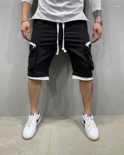 

mens shorts patchwork solid color homme short pants mid waist cargo drawstring male clothing hiphop designer, White;black