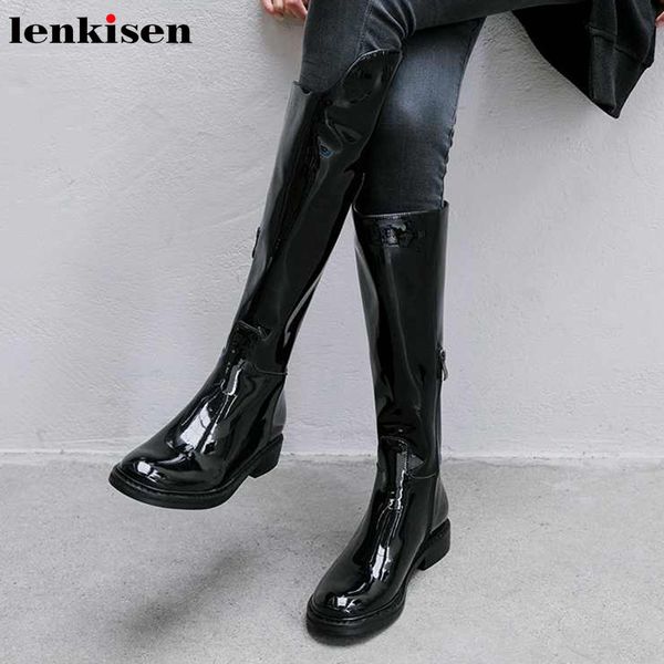 

lenkisen high street fashion brand star knight boots genuine leather round toe med heels women warm zipper thigh high boots l16, Black