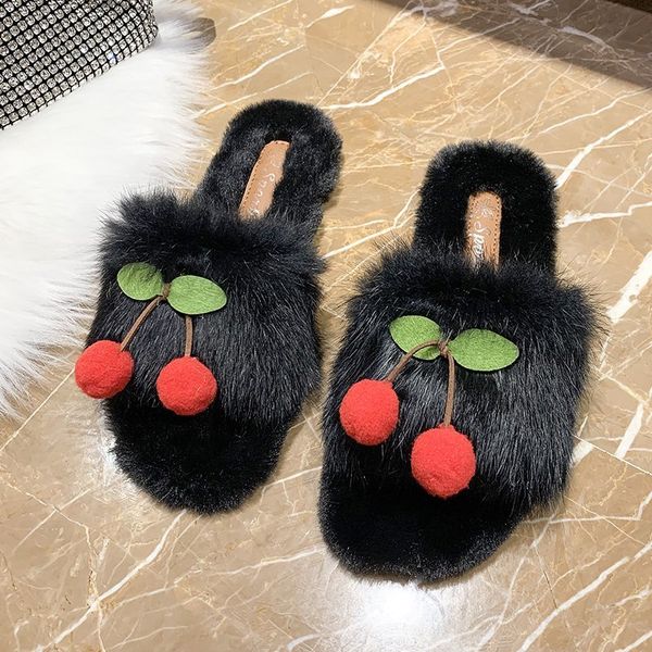

autumn and winter simple word cute home plush new tow female cherry non-slip sweet baotou slippers resin shoes, Black
