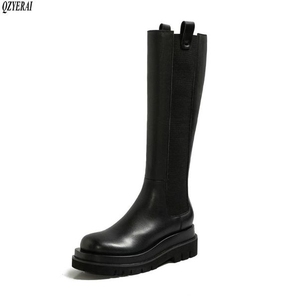 

qzyerai new style knee-length rider boots genuine leather female boots women's autumn and winter cowhide women's shoes, Black