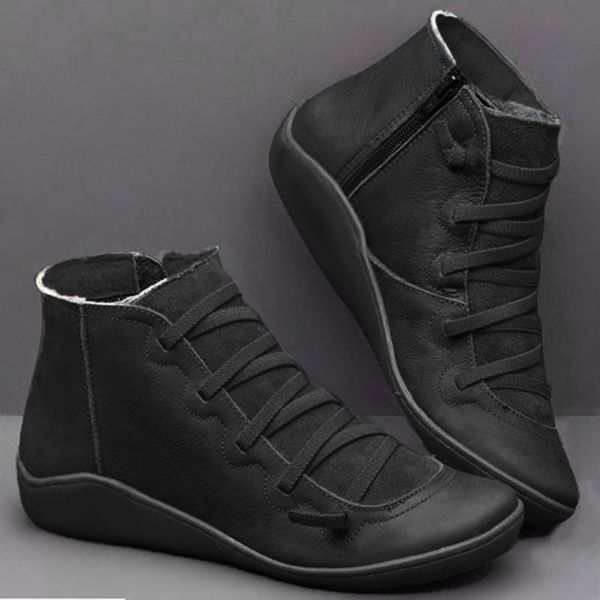 

shoes women winter boots new fashion women's casual solid flat leather retro lace-up boots side zipper round toe shoe, Black
