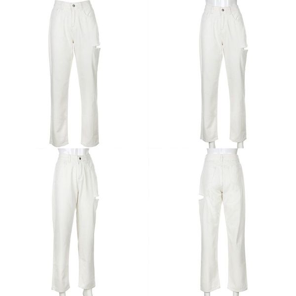 

women high waist white maxi baggy jeans side ripped hole denim straight pants harajuku hip hop casual loose trousers, Blue