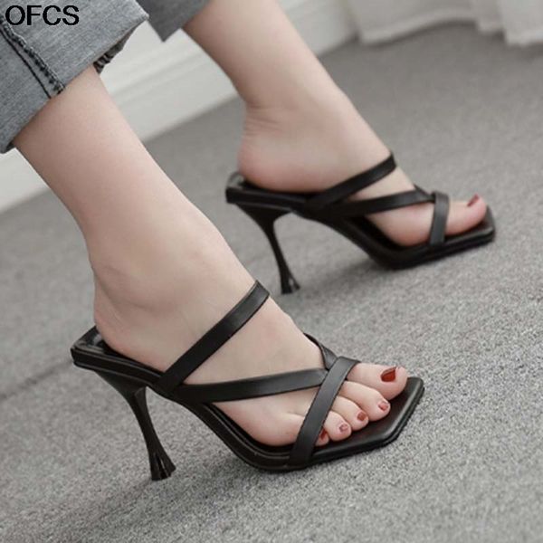 

womens slipper shoes fashion vintage square toe stiletto heel women sandals clip narrow band for women shoes size 41, Black