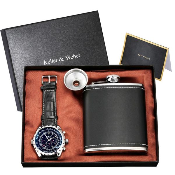 

automatic mechanical men watches hip flask funnel gift sets, Slivery;brown