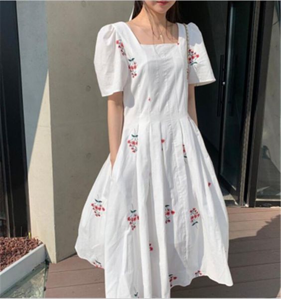 

dress for women summer loose flower embroidery midi long dresses short sleeve square collar casual sundress korean style 2020, Black;gray