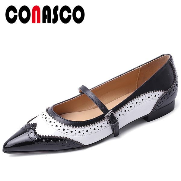 

conasco fashion casual spring summer new woman pumps genuine leather mary janes hollow out metal buckle low heels shoes woman, Black