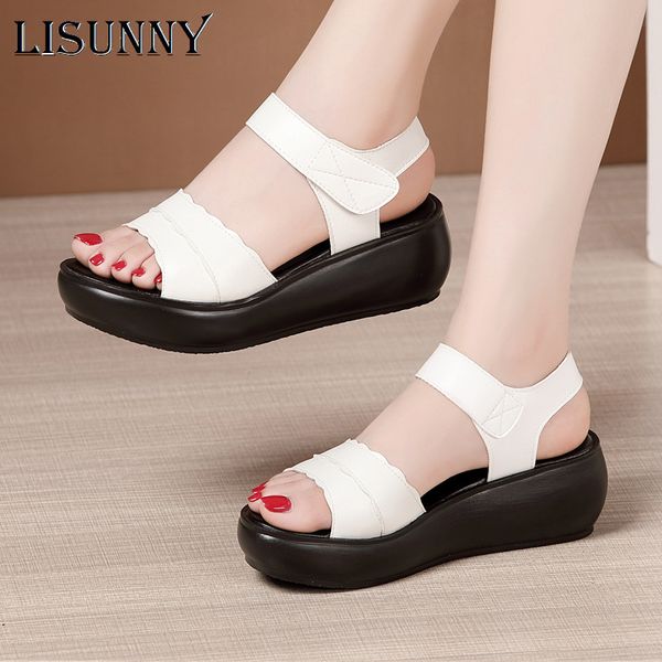 

lisunny wedges heel sandals women leather platform shoes summer 2020 new 6cm high heel ladies open toe sandals letter shoes, Black