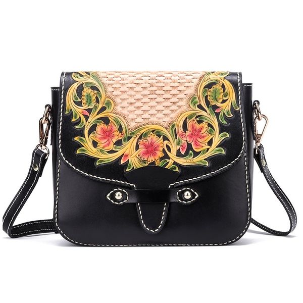 

китайский стиль гравированная неподдельной кожи женщин малый летний цветок кошелек корова кожа женский saddle bag lady cross сумка плеча