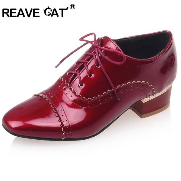 

reave cat brand spring women shoes woman brogue patent leather flats lace up footwear female flat oxford solid glitter rl3252, Black