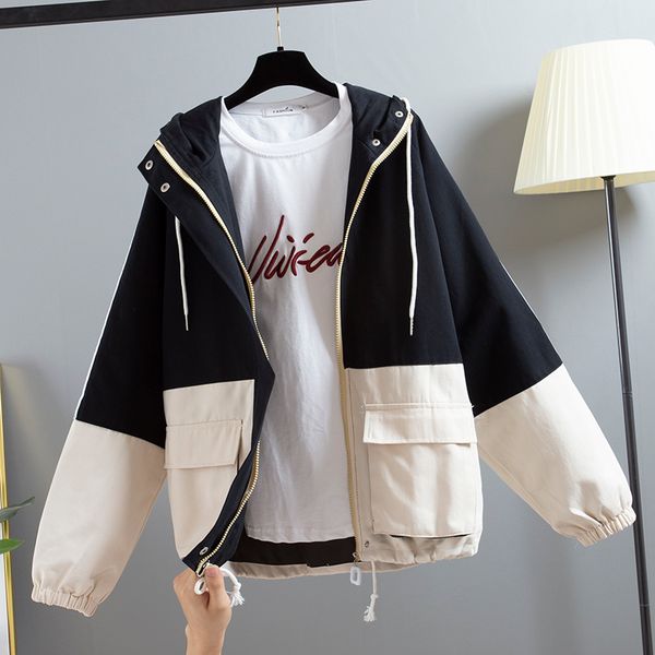 

women bomber jacket casaco feminino spring autumn long sleeve hooded coats ladies loose patchwork harajuku windbreaker outerwear, Black;brown