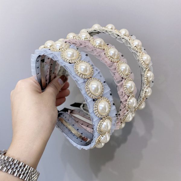 

2020 elegant solid color hairband women mesh yarn dot hair ornament large pearl crimped hair hoop womens accessories new
