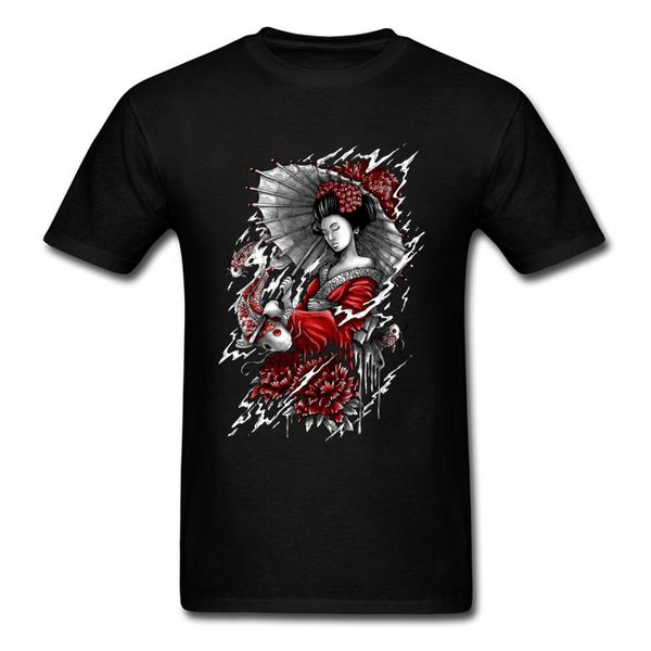 

japanese geisha tshirts carp koi fish art graphic men's fashion tee shirt 100% cotton men normal t-shirts basic clothing shirt