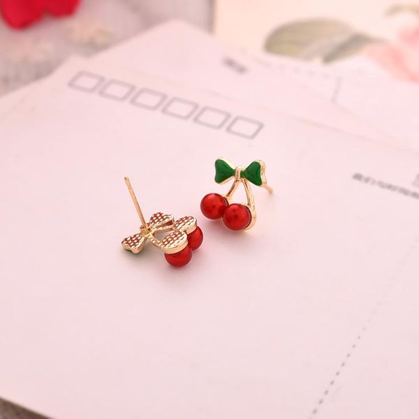 

Stud Earrings Wholesale 18K Gold Plated Korean Red Cherry Crystal Rhinestone Leaf Drop Earrings Pretty Statement Earrings