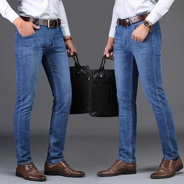 

sulee brand new men's jeans straight regular fit elastic cotton trousers male jeans pants brand clothes, Blue