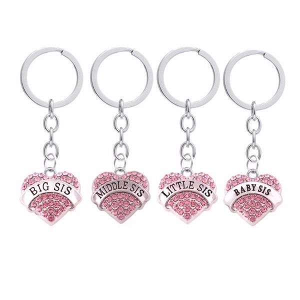 

drop shipping 1"*1" inches big middle little baby sis pave crystal heart charm family member sister key chain set (4 pcs, Silver