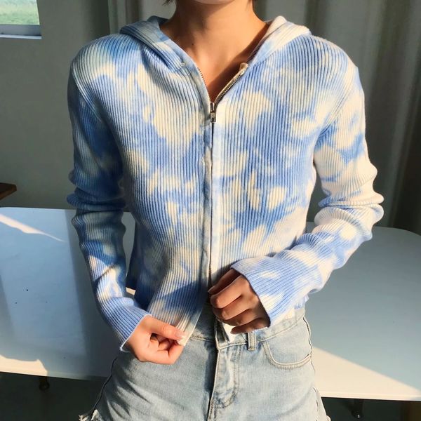 

2020 autumn and winter new style gradient color tie-dye hooded zipper sweater coat, Black;brown