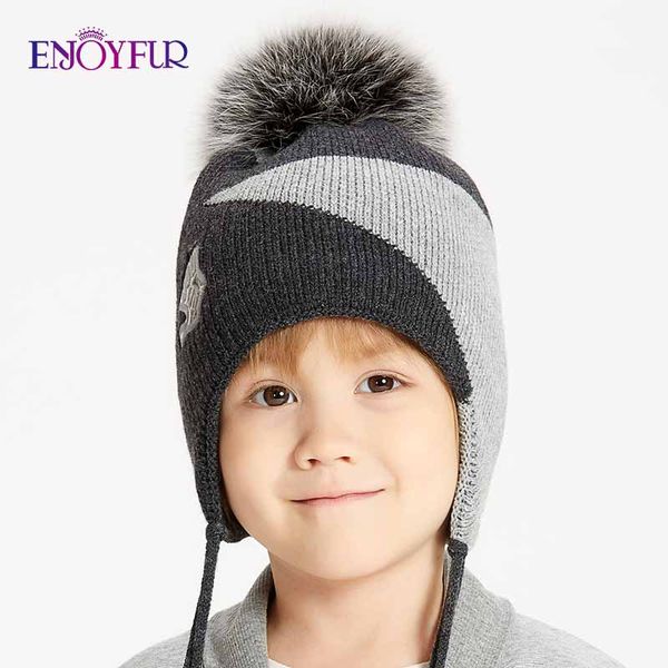 

enjoyfur мальчики real меховые шапки помпон для зимних warm геометрическая хлопок дети шапочки толстые вязаные уши мальчиков cap, Yellow