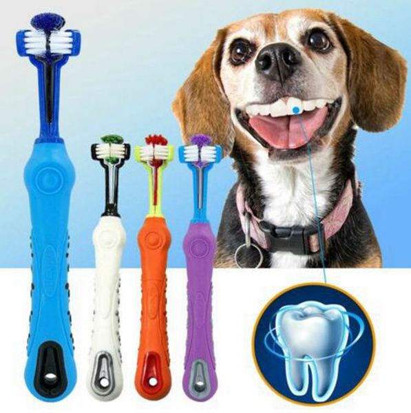 Perro cepillo de dientes suave mascota gato cepillo de dientes de goma de tres lados herramienta de mal aliento cepillo de dientes cuidado de los dientes KKA8012