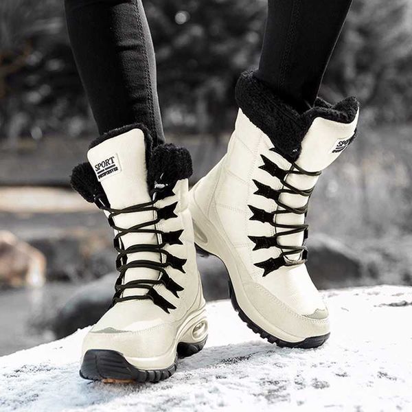 

women high snow boots winter fur plush warm platform boots ladies lace up air cushion pu leather boot waterproof wedge shoes, Black
