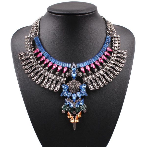 

new arrival fashion colorful crystal vintage alloy brand chunky statement necklace for women popular gift jewelry, Silver